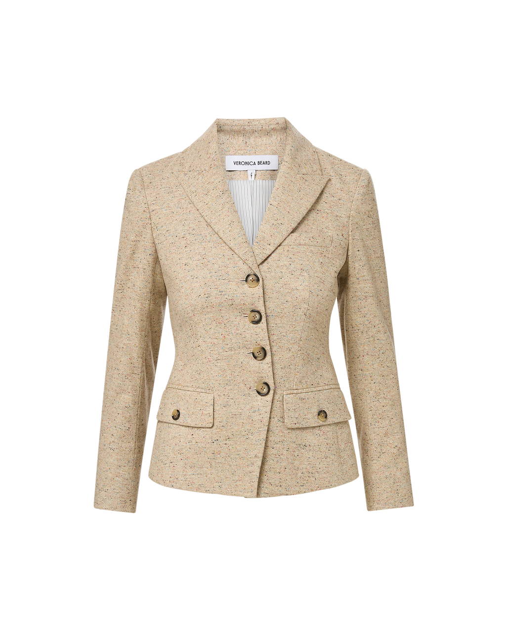 Veronica Beard Beige tweed blazer, fitted silhouette, notched lapels, four buttons.