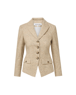 Veronica Beard Beige tweed blazer, fitted silhouette, notched lapels, four buttons.