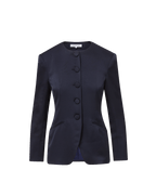 Veronica Beard Navy satin collarless jacket with large buttons