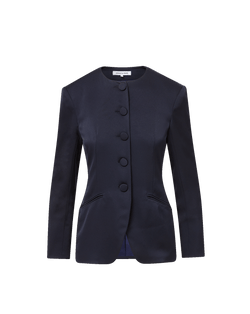 Veronica Beard Navy satin collarless jacket with large buttons