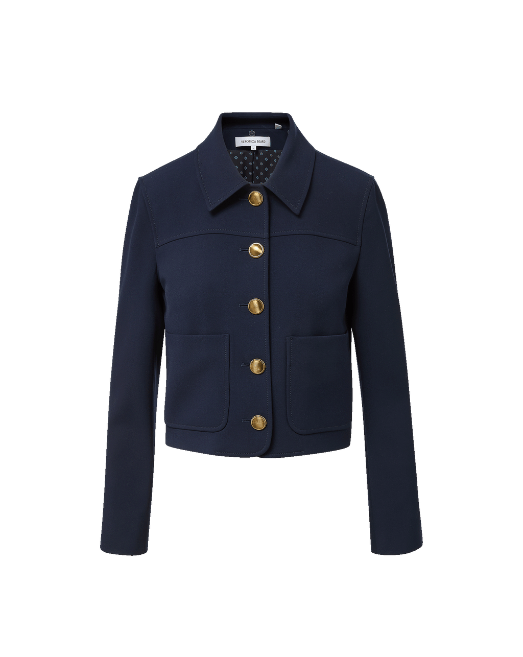 Veronica Beard Navy cropped jacket, gold buttons, two front pockets.