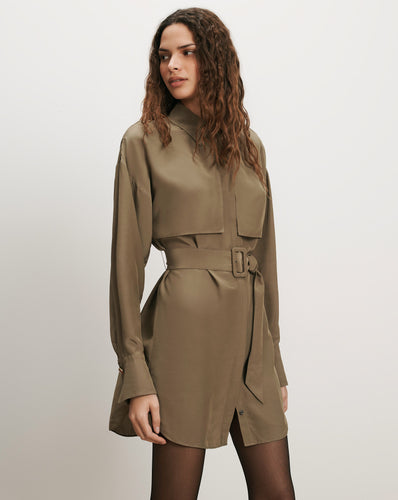 Veronica Beard Olive belted shirt dress with long sleeves.