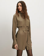 Veronica Beard Olive belted shirt dress with long sleeves.