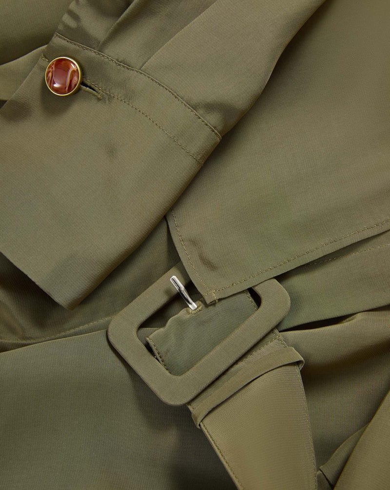 Veronica Beard Olive green trench coat with buckle and button.