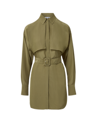 Veronica Beard Olive green belted tunic dress with wide collar.