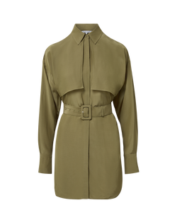 Veronica Beard Olive green belted tunic dress with wide collar.