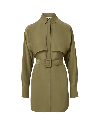 Veronica Beard Olive green belted tunic dress with wide collar.