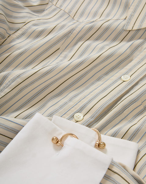 Veronica Beard Striped button-up shirt with white cuffs and gold cuff links.
