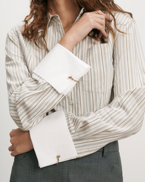 Veronica Beard Striped cotton shirt with white French cuffs and cufflinks.