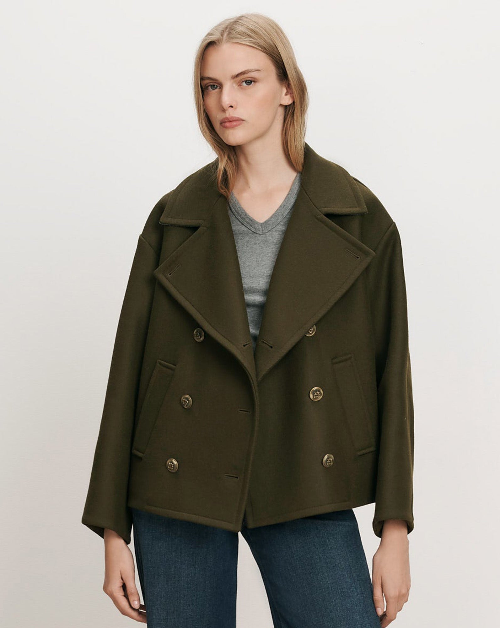Veronica Beard Olive green wool cropped double-breasted pea coat.