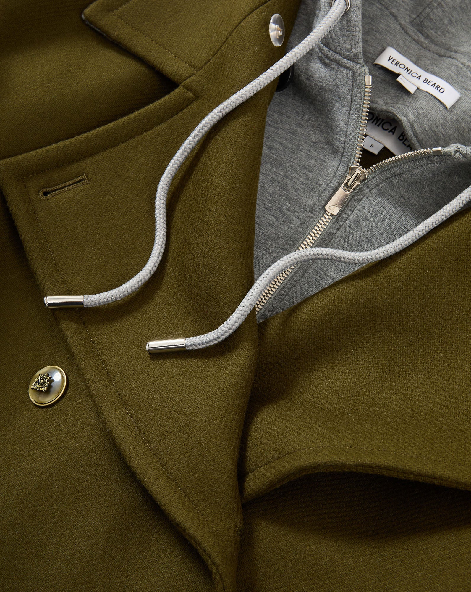 Veronica Beard Olive green wool coat with gray hooded insert.