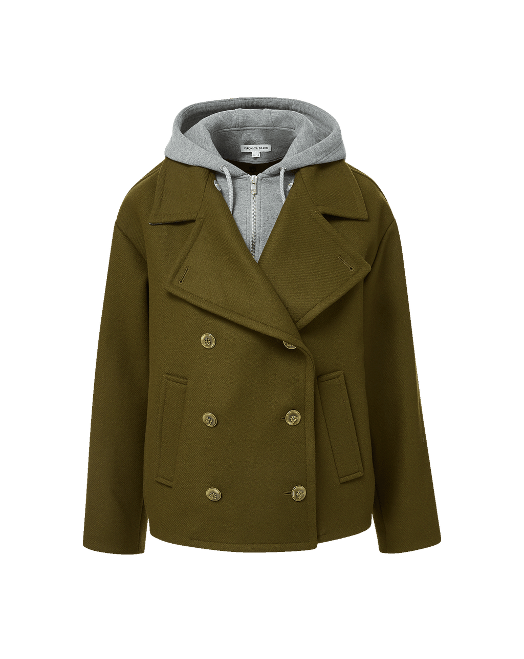 Veronica Beard Olive wool pea coat with gray hooded sweatshirt.