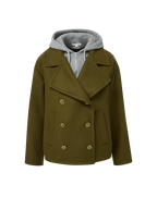 Veronica Beard Olive wool pea coat with gray hooded sweatshirt.