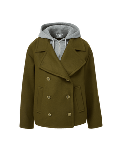 Veronica Beard Olive wool pea coat with gray hooded sweatshirt.