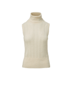 Veronica Beard Cream sleeveless turtleneck sweater with chevron knit pattern.
