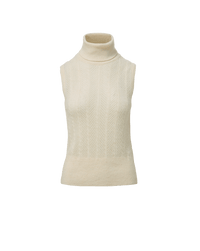 Veronica Beard Cream sleeveless turtleneck sweater with chevron knit pattern.