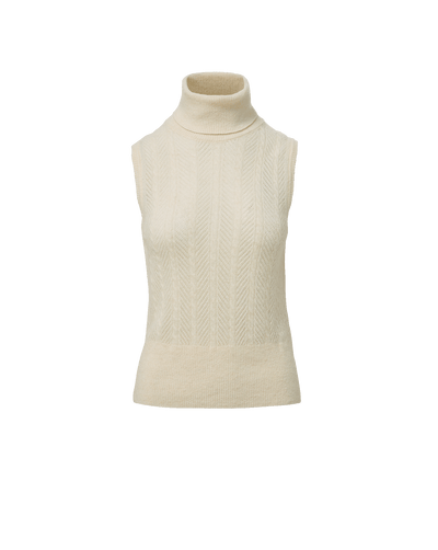 Veronica Beard Cream sleeveless turtleneck sweater with chevron knit pattern.
