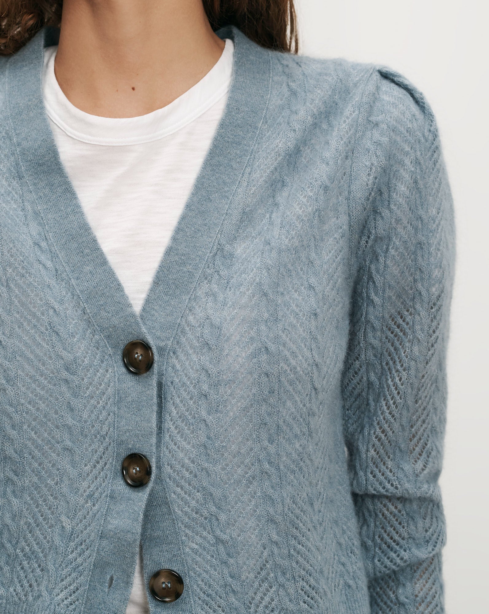Veronica Beard Blue cable knit cardigan with brown buttons.