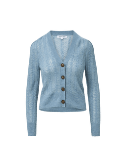 Veronica Beard Blue cardigan, V-neck, button-front, cable knit.