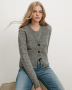 Veronica Beard Gray knit cardigan with brown buttons.