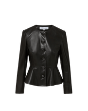 Veronica Beard Black leather peplum jacket with round neck and buttons.