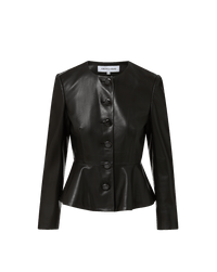 Veronica Beard Black leather peplum jacket with round neck and buttons.