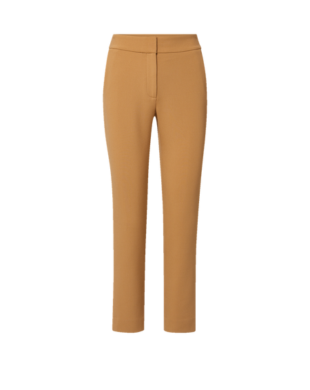 Veronica Beard Tan blazer, striped knit tank, and tan trousers.