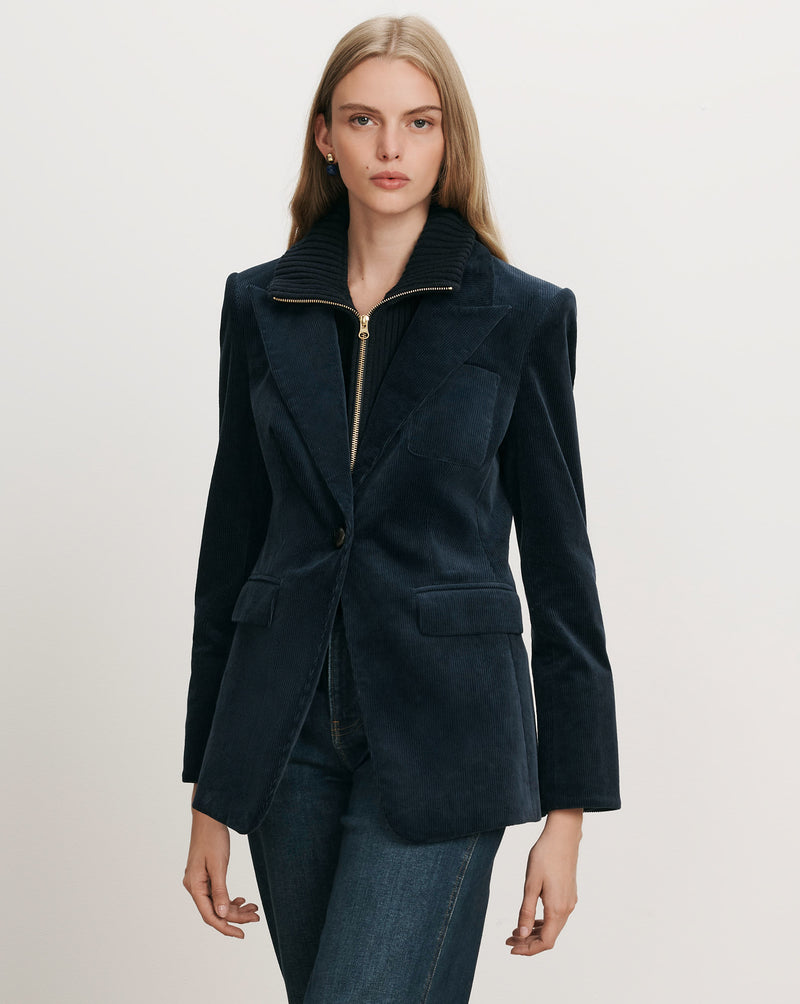 Veronica Beard Navy corduroy blazer with ribbed collar.
