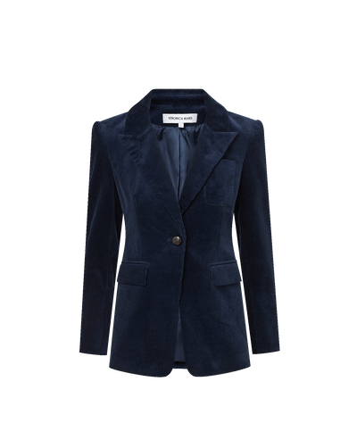 Veronica Beard Navy corduroy blazer with single button closure.