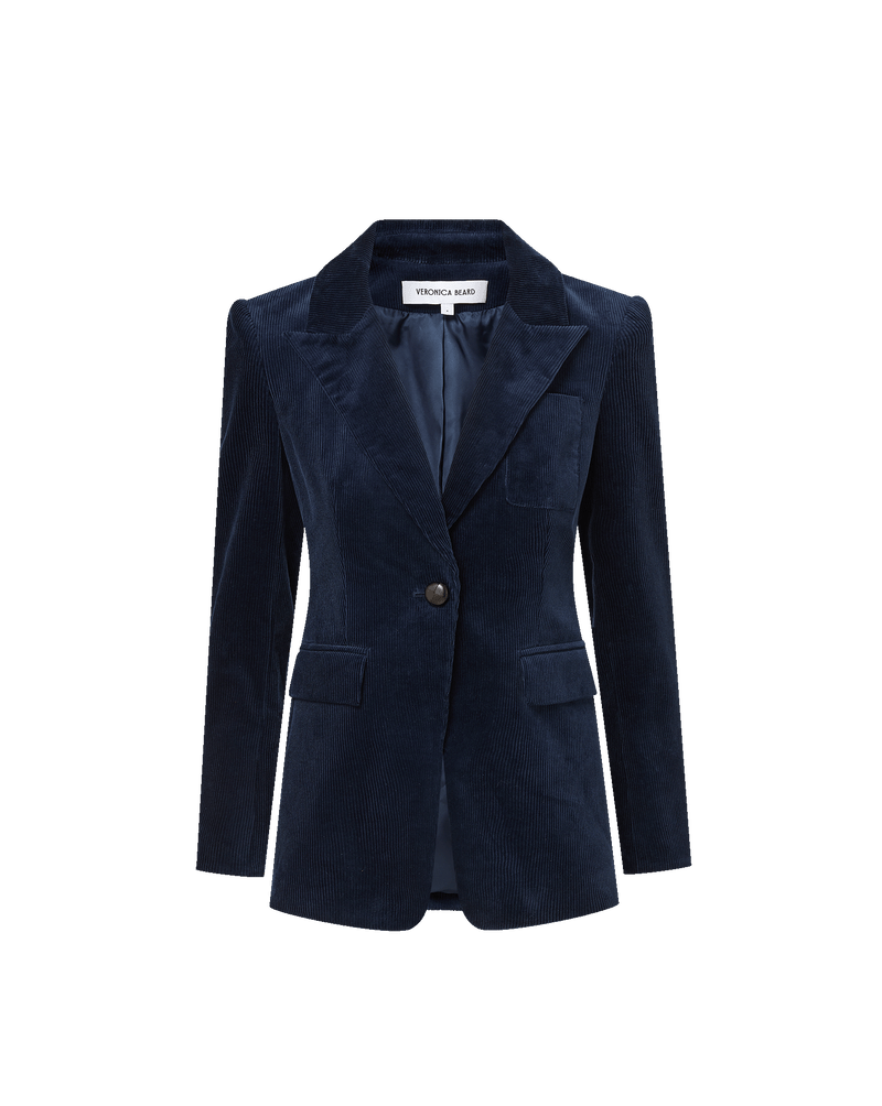 Veronica Beard Navy corduroy blazer with single button closure.