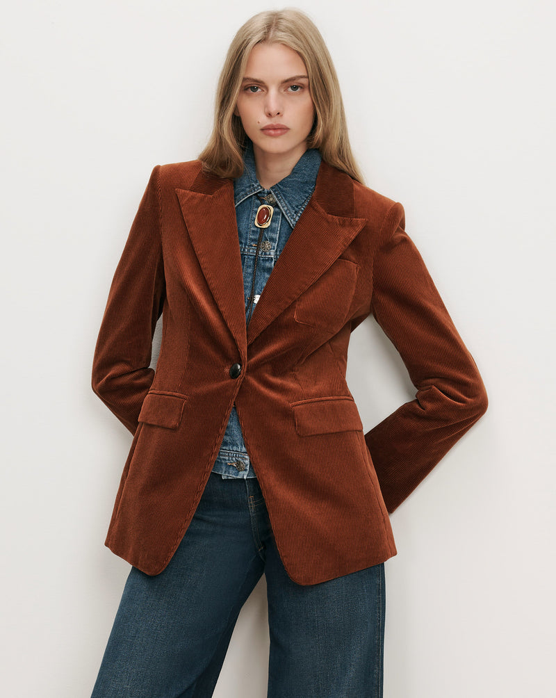 Veronica Beard Brown corduroy blazer with a single button closure.