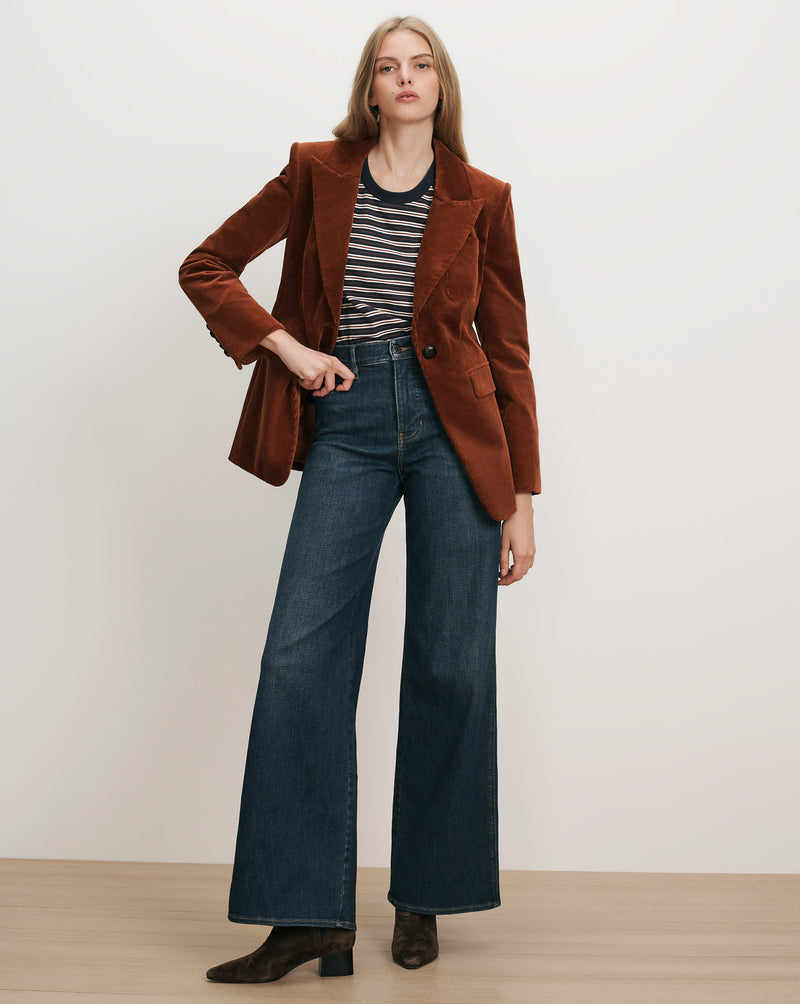 Veronica Beard Brown corduroy blazer, striped t-shirt, wide-leg jeans.
