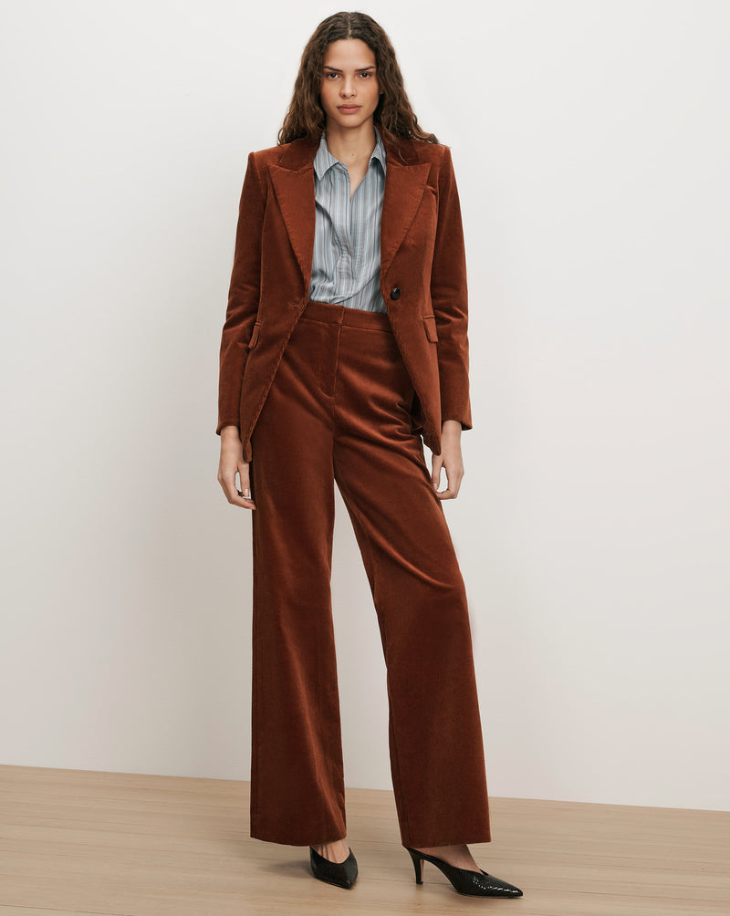 Veronica Beard Brown corduroy suit with striped shirt