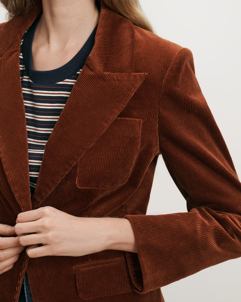 Veronica Beard Brown corduroy blazer with notched lapels and patch pockets.