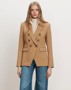 Veronica Beard Camel double-breasted blazer with gold buttons.