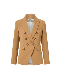 Veronica Beard Tan double-breasted blazer with gold buttons.