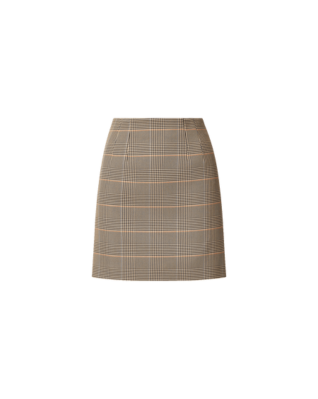 Veronica Beard White silk blouse, brown plaid mini skirt.