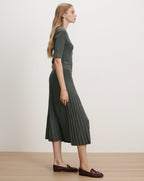 Veronica Beard Gray ribbed knit midi dress with pleated skirt.