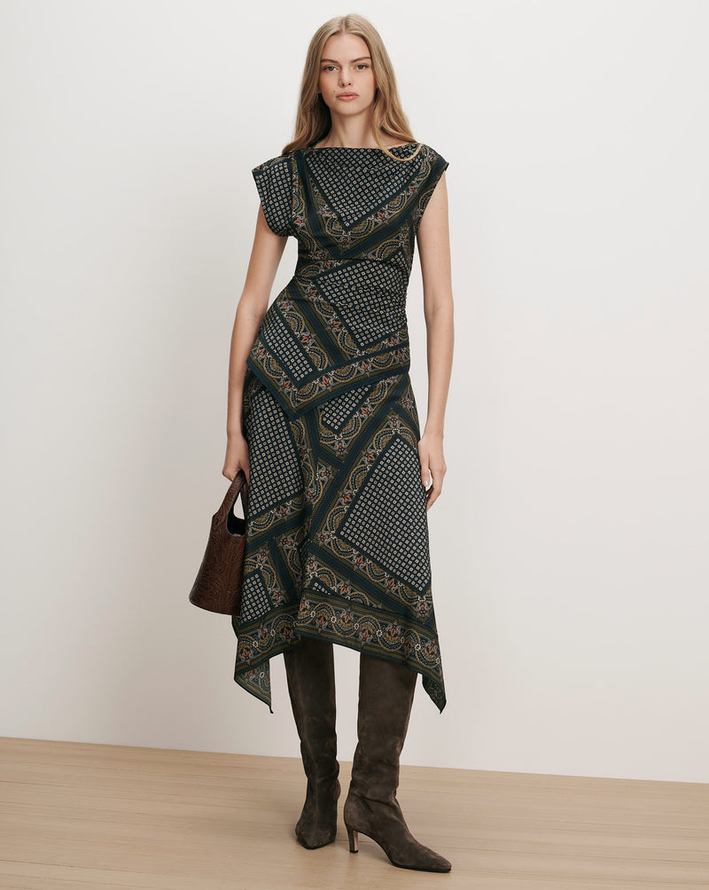 Veronica Beard Dark green patterned midi dress with asymmetric hem