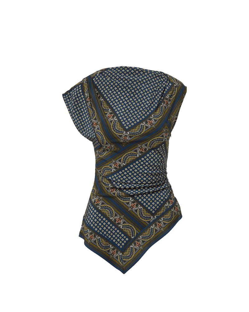 Veronica Beard Blue patterned silk asymmetric top.