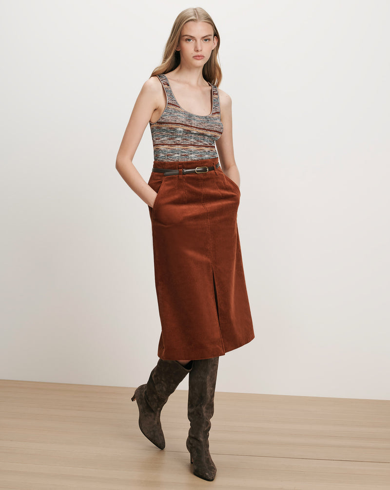 Veronica Beard Brown corduroy midi skirt with front slit.