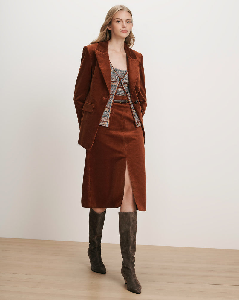 Veronica Beard Brown corduroy blazer and midi skirt with front slit.