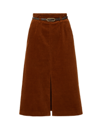 Veronica Beard Brown corduroy midi skirt with belt and front slit.