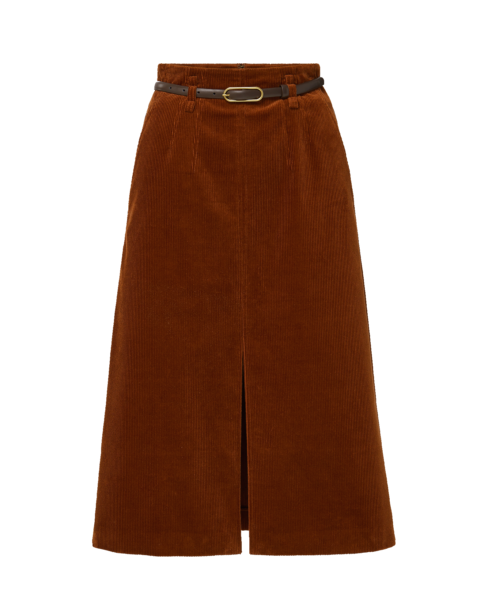 Veronica Beard Brown corduroy midi skirt with belt and front slit.