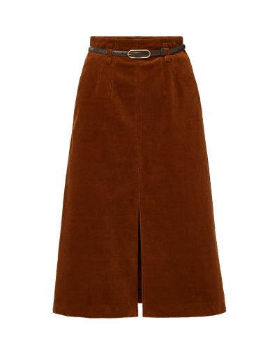 Veronica Beard Brown corduroy midi skirt with belt and front slit.