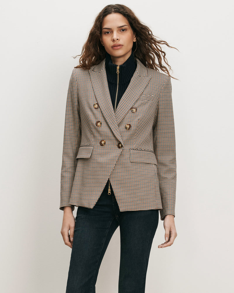 Veronica Beard Brown houndstooth double-breasted blazer with gold buttons.