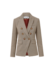 Veronica Beard Brown plaid double-breasted blazer with gold buttons.
