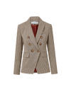 Veronica Beard Brown plaid double-breasted blazer with gold buttons.