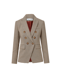 Veronica Beard Brown plaid double-breasted blazer with gold buttons.