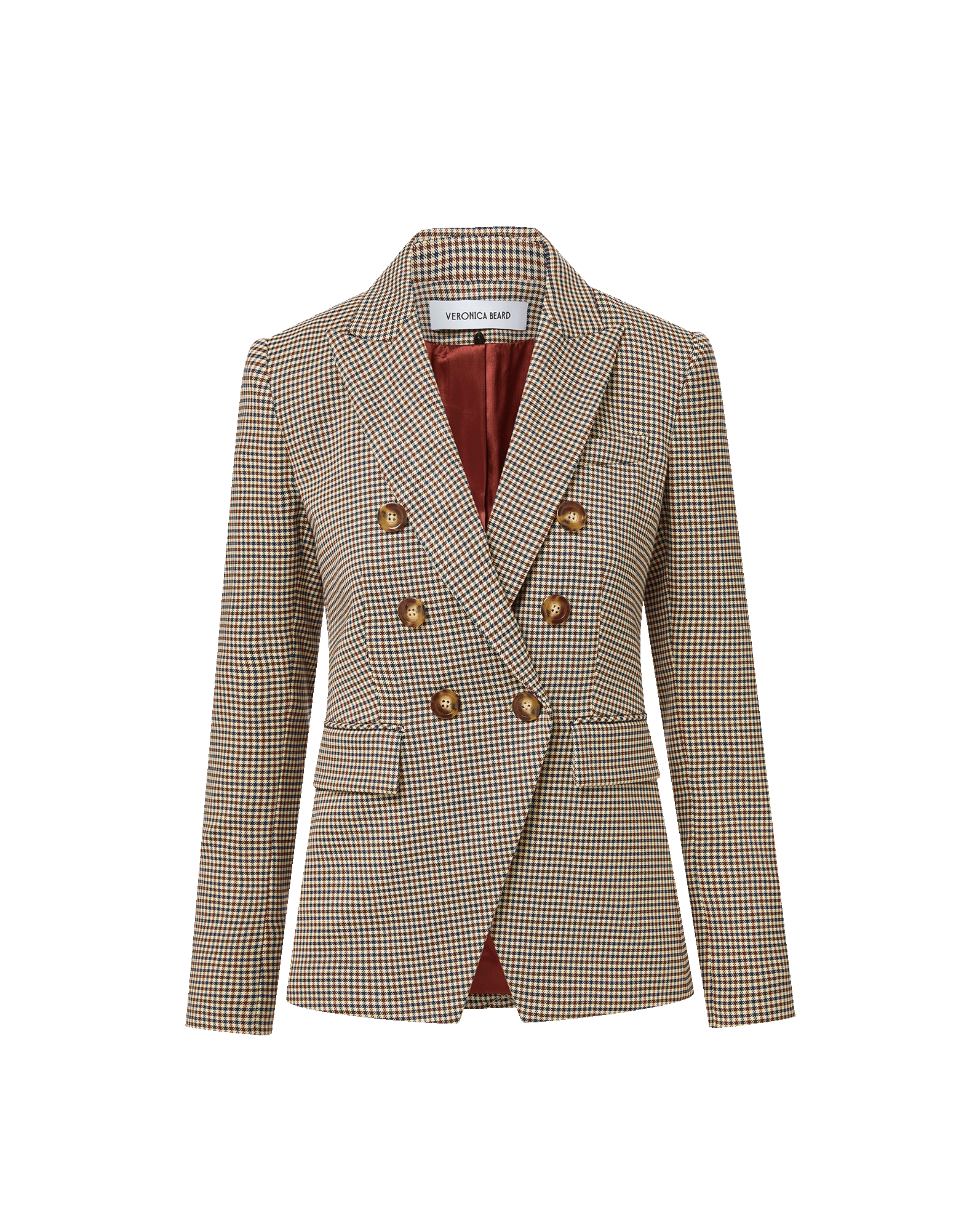 Veronica Beard Brown plaid double-breasted blazer with gold buttons.
